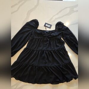 PrettyLittleThing Black Chiffon Smock Dress/Babydoll Dress NWT
